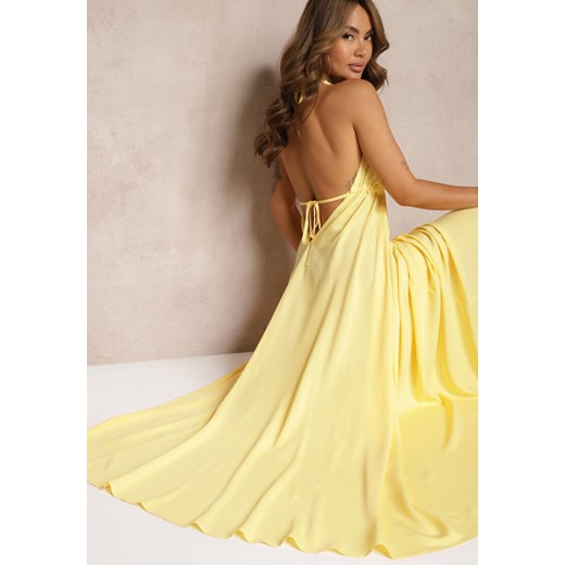 Żółta Rozkloszowana Sukienka Bawełniana z Wiązaniem na Szyi Panethea ze sklepu Renee odzież w kategorii Sukienki - zdjęcie 173129657