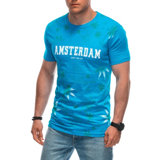 T-shirt męski z nadrukiem 1958S - turkusowy ze sklepu Edoti w kategorii T-shirty męskie - zdjęcie 173139126