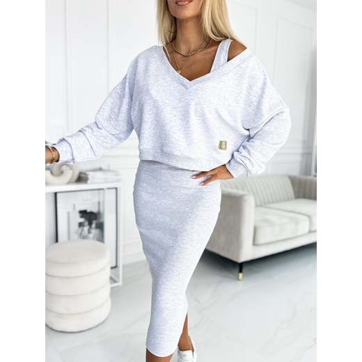 Komplet 2 częściowy V- neck Bluza plus Sukienka jasny szary melanż Fashionyou Uniwersalny Fashionyou