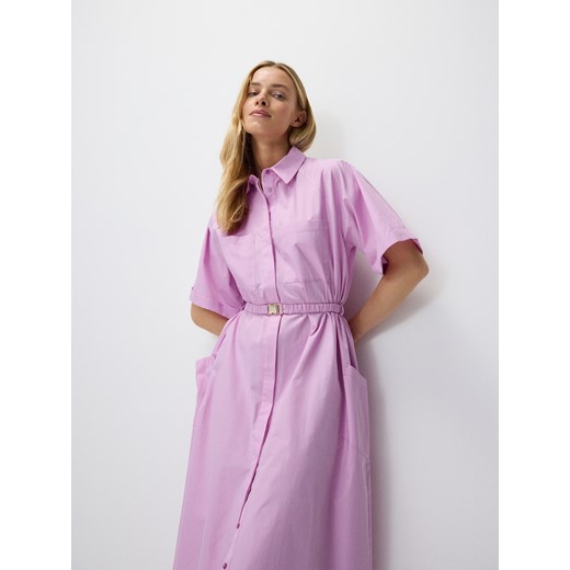 Reserved - Koszulowa sukienka midi z paskiem - fuksja ze sklepu Reserved w kategorii Sukienki - zdjęcie 173153889