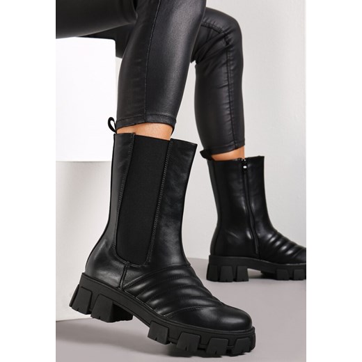 Czarne Botki Sztyblety z Ozdobnymi Przeszyciami i Elastyczną Cholewką Chassi Renee 40 renee.pl