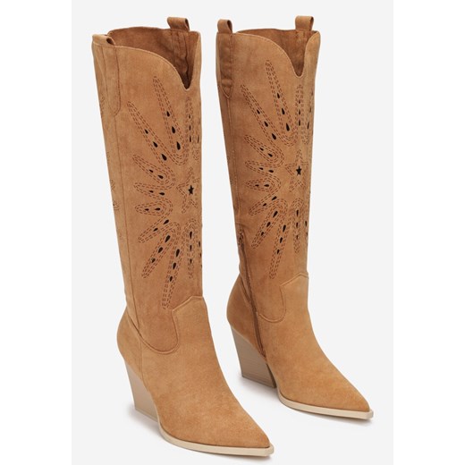 Brązowe Kozaki Kowbojki na Obcasie z Wycięciami i Haftem Dizza Renee 37 renee.pl