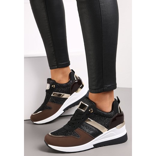 Czarne Sznurowane Sneakersy z Ozdobnymi Wstawkami i Koturnem Zharo ze sklepu renee.pl w kategorii Buty sportowe damskie - zdjęcie 173163037