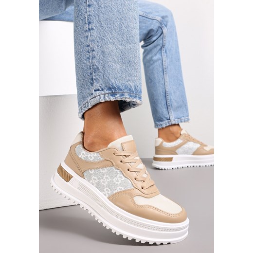 Ciemnobeżowe Sznurowane Sneakersy z Brokatem  na Grubej Podeszwie z Wycięciami Amena ze sklepu renee.pl w kategorii Buty sportowe damskie - zdjęcie 173169207