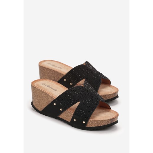 Czarne Klapki z Szerokimi Paskami na Koturnie z Korka Evenye Renee 38 renee.pl
