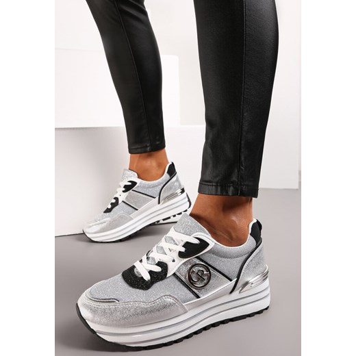 Srebrne Brokatowe Sneakersy na Grubej Podeszwie Lelina Renee 41 renee.pl
