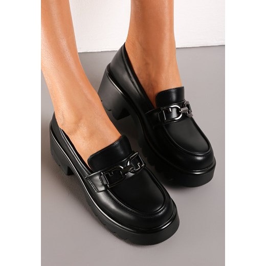 Czarne Mokasyny na Grubej Podeszwie z Wkładką ze Skóry Naturalnej i Klamerką Renee 39 renee.pl