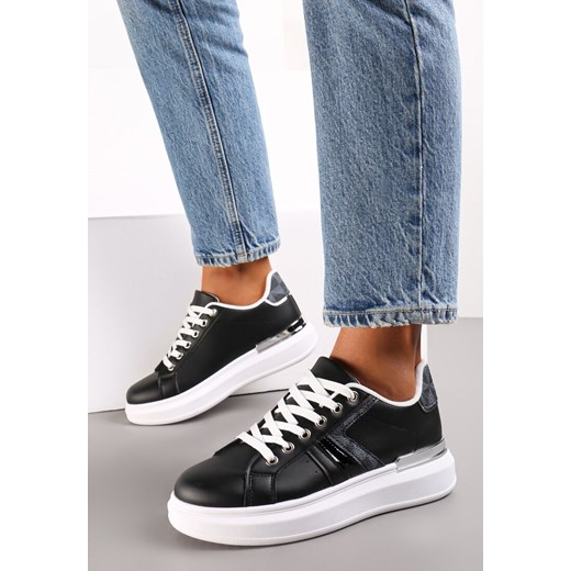 Czarne Sneakersy Sznurowane na Płaskiej Grubej Podeszwie z Imitacji Skóry Hisnna ze sklepu renee.pl w kategorii Buty sportowe damskie - zdjęcie 173177269