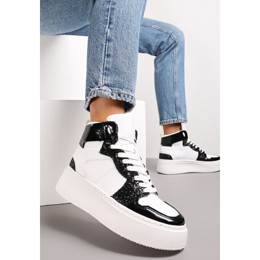 Biało-Czarne Sznurowane Sneakersy za Kostkę z Brokatem i Metalicznymi Wstawkami Sareena ze sklepu renee.pl w kategorii Buty sportowe damskie - zdjęcie 173177288