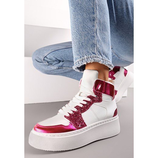 Biało-Fuksjowe Sznurowane Sneakersy za Kostkę z Brokatem i Metalicznymi Wstawkami Sareena ze sklepu renee.pl w kategorii Buty sportowe damskie - zdjęcie 173177298