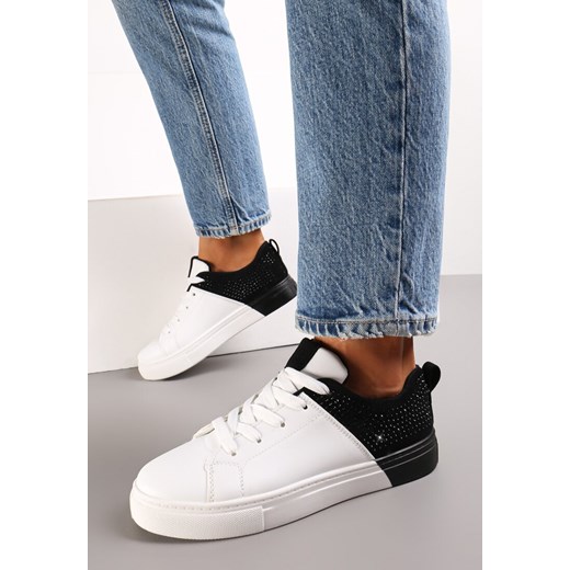 Biało-Czarne Sneakersy Sznurowane na Płaskiej Grubszej Podeszwie z Cyrkoniami Hanuel ze sklepu renee.pl w kategorii Buty sportowe damskie - zdjęcie 173177318