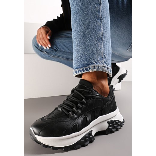 Czarne Sznurowane Sneakersy na Grubej Podeszwie z Ozdobnymi Przeszyciami Kayor ze sklepu renee.pl w kategorii Buty sportowe damskie - zdjęcie 173177606