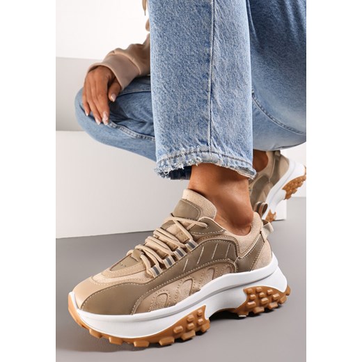 Ciemnobeżowe Sznurowane Sneakersy na Grubej Podeszwie z Ozdobnymi Przeszyciami Renee 39 renee.pl