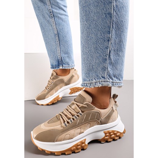 Ciemnobeżowe Sznurowane Sneakersy na Grubej Podeszwie z Ozdobnymi Przeszyciami Renee 39 renee.pl
