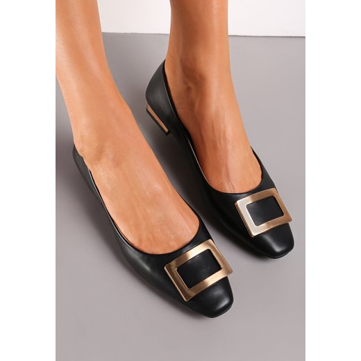 Czarne Balerinki z Metalową Ozdobą na Płaskim Obcasie Nibraca Renee 38 renee.pl