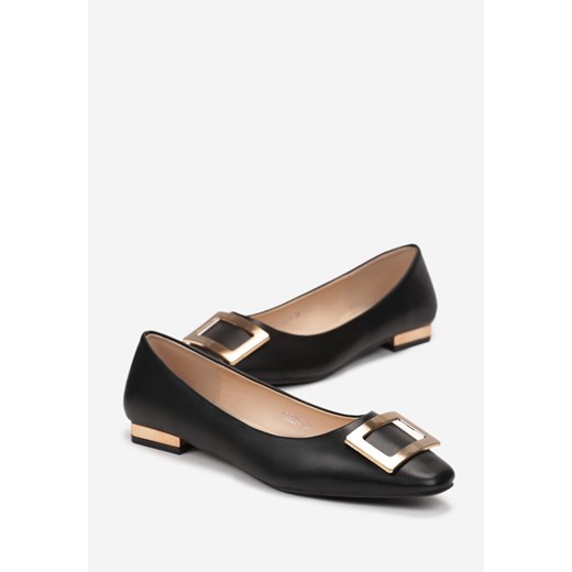 Czarne Balerinki z Metalową Ozdobą na Płaskim Obcasie Nibraca Renee 39 renee.pl