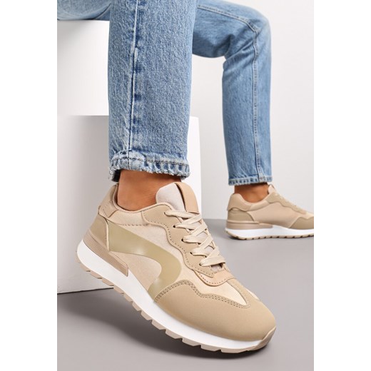 Ciemnobeżowe Sznurowane Sneakersy na Płaskiej Grubej Podeszwie z Przeszyciami Higvale ze sklepu renee.pl w kategorii Buty sportowe damskie - zdjęcie 173177896