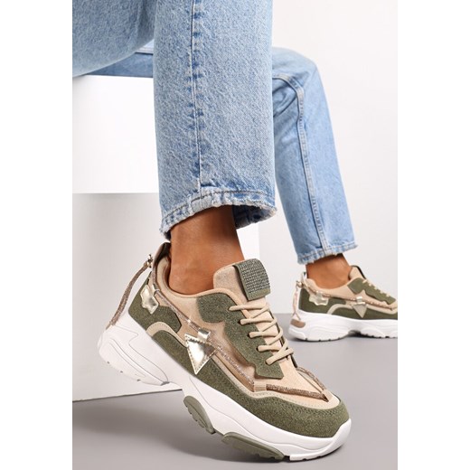 Beżowo-Zielone Sneakersy z Cyrkoniami na Grubej Podeszwie Leinov ze sklepu renee.pl w kategorii Buty sportowe damskie - zdjęcie 173180019