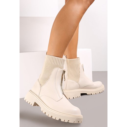 Beżowe Botki na Grubszej Podeszwie ze Skarpetkową Cholewką i Suwakiem Allens Renee 38 renee.pl