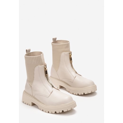 Beżowe Botki na Grubszej Podeszwie ze Skarpetkową Cholewką i Suwakiem Allens Renee 40 renee.pl