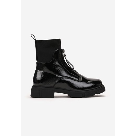 Czarne Lakierowane Botki z Dzianinowym Ściągaczem i Suwakiem z Przodu Ilonea Renee 37 renee.pl