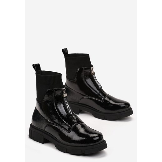 Czarne Lakierowane Botki z Dzianinowym Ściągaczem i Suwakiem z Przodu Ilonea Renee 37 renee.pl
