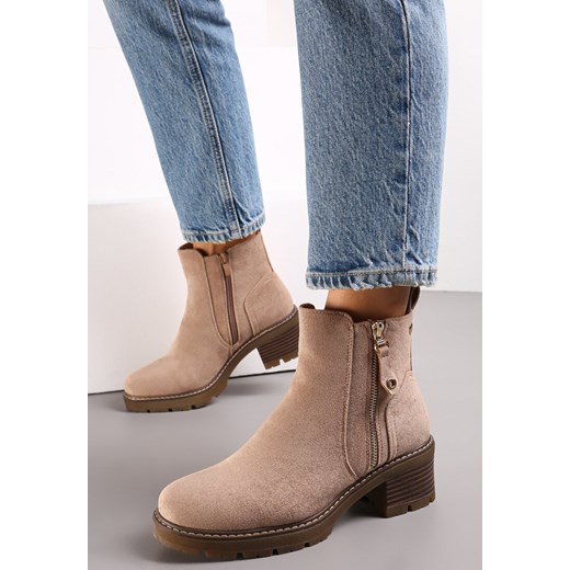 Ciemnobeżowe Botki na Słupku z Ozdobnym Zamkiem Recusson Renee 37 renee.pl