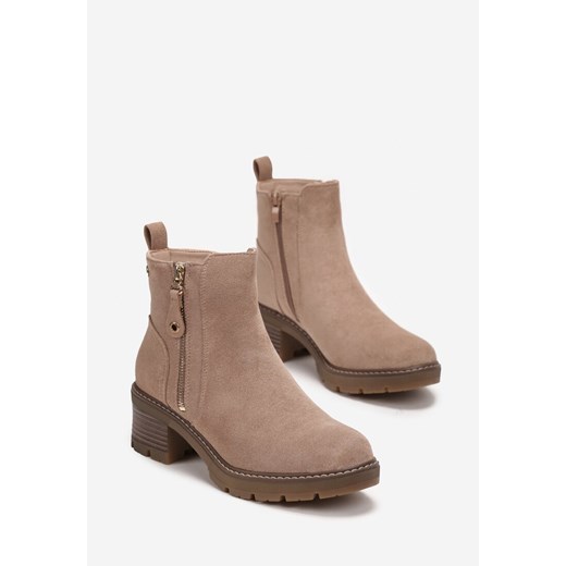 Ciemnobeżowe Botki na Słupku z Ozdobnym Zamkiem Recusson Renee 38 renee.pl