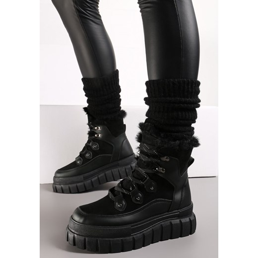 Czarne Sznurowane Traperki na Platformie z Wycięciami Paavola Renee 37 renee.pl