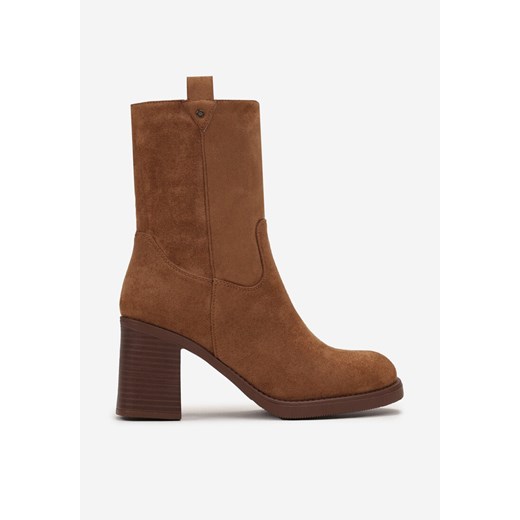 Brązowe Botki z Ekozamszu na Słupku Stylizowanym na Drewnianym Lavissa Renee 38 renee.pl