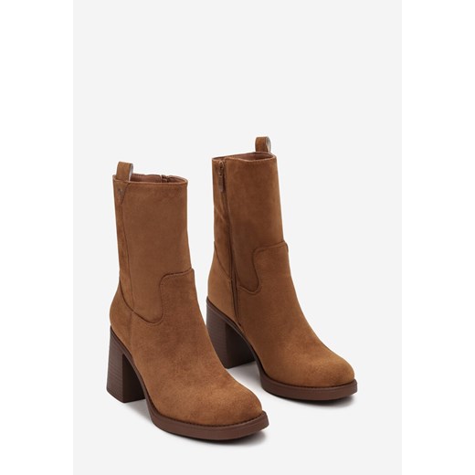 Brązowe Botki z Ekozamszu na Słupku Stylizowanym na Drewnianym Lavissa Renee 40 renee.pl
