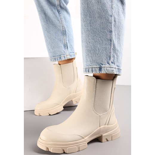 Beżowe Botki Sztyblety na Grubej Podeszwie z Elastyczną Wstawką Elearesa Renee 40 renee.pl