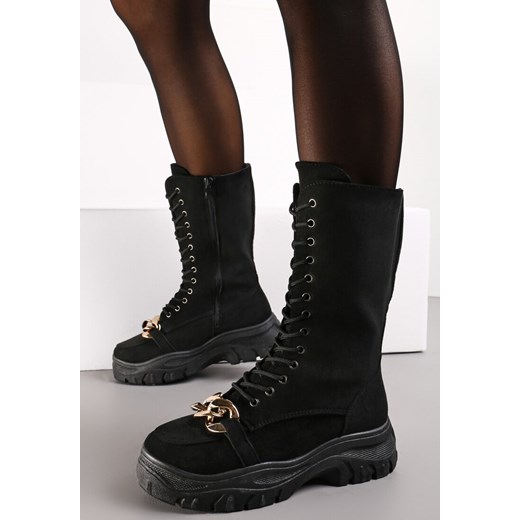 Czarne Sznurowane Botki na Platformie z Ozdobnym Łańcuchem Duova Renee 40 renee.pl