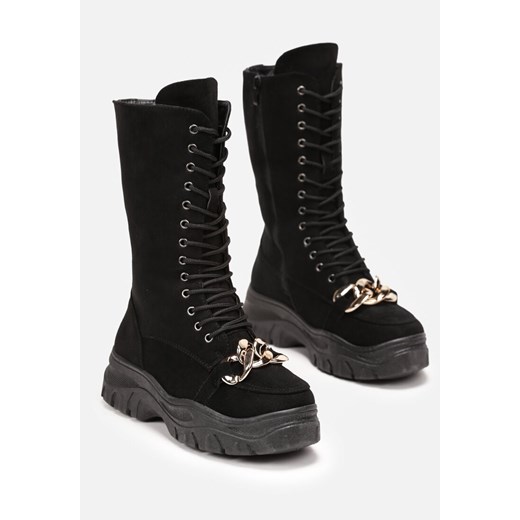 Czarne Sznurowane Botki na Platformie z Ozdobnym Łańcuchem Duova Renee 39 renee.pl