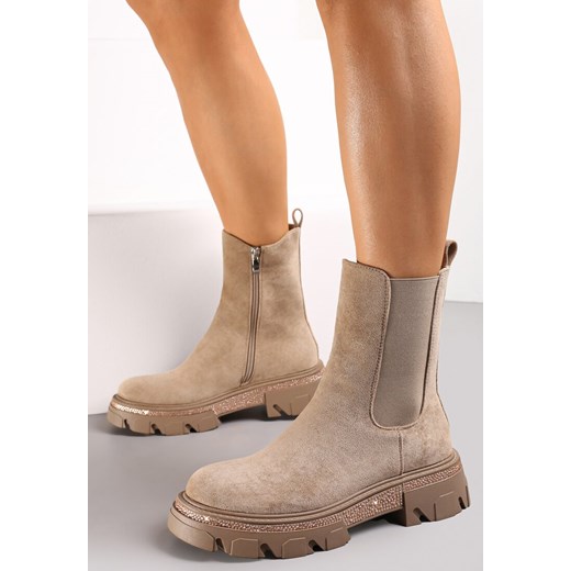 Ciemnobeżowe Botki Sztyblety na Grubej Podeszwie z Wstawką w Cyrkonie Alimione Renee 36 renee.pl