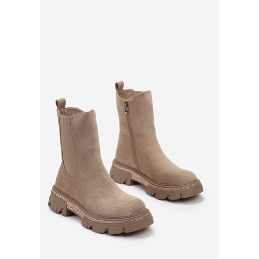 Ciemnobeżowe Botki Sztyblety na Grubej Podeszwie z Wstawką w Cyrkonie Alimione Renee 37 renee.pl