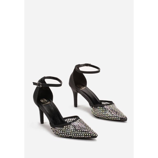 Czarne Sandały na Szpilce ze Szpiczastym Noskiem z Siateczką w Cyrkonie Lioffa Renee 36 renee.pl
