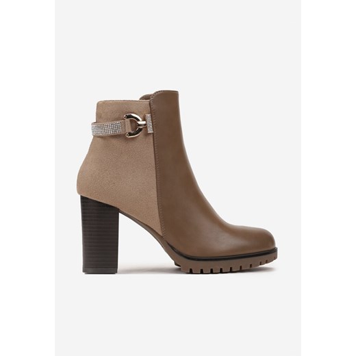 Ciemnobeżowe Botki na Słupku z Platformą z Klamerką Wysadzaną Cyrkoniami Misave Renee 39 renee.pl