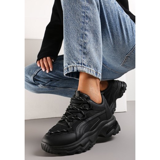 Czarne Sneakersy na Masywnej Podeszwie z Siateczkowym Wstawkami i Ozdobnymi Sznurówkami Ollavia ze sklepu renee.pl w kategorii Buty sportowe damskie - zdjęcie 173187186