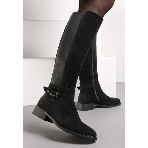 Czarne Kozaki Muszkieterki z Elastyczną Wstawką i Klamerką Wambra ze sklepu renee.pl w kategorii Kozaki damskie - zdjęcie 173188206