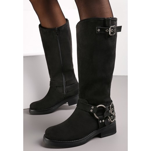 Czarne Kozaki Bikery z Ekoskóry z Ozdobnym Paskiem z Klamrą Marvita Renee 38 renee.pl