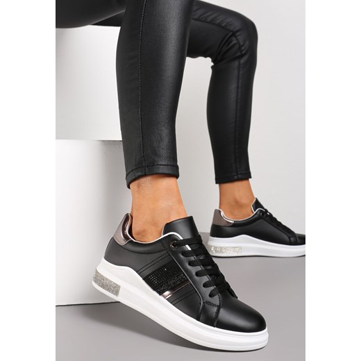 Czarne Sneakersy z Imitacji Skóry z Metalicznym Akcentem i Cyrkoniami Evadine ze sklepu renee.pl w kategorii Buty sportowe damskie - zdjęcie 173191437