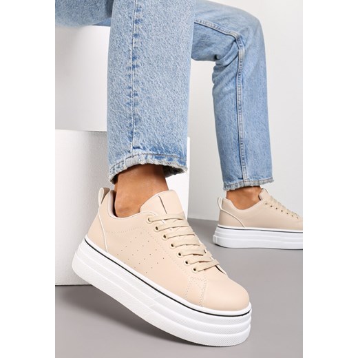 Beżowe Sznurowane Sneakersy  na Platformie z Ekoskóry z Przeszyciami Onurte ze sklepu renee.pl w kategorii Buty sportowe damskie - zdjęcie 173193199