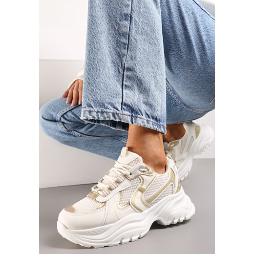 Beżowe Sneakersy z Przeszyciami i Wstawkami z Metalicznej Ekoskóry Tineal ze sklepu renee.pl w kategorii Buty sportowe damskie - zdjęcie 173194829