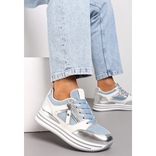 Niebieskie Brokatowe Sneakersy na Grubej Podeszwie ze Sznurowaniem i Suwakiem Irollia ze sklepu renee.pl w kategorii Buty sportowe damskie - zdjęcie 173195019