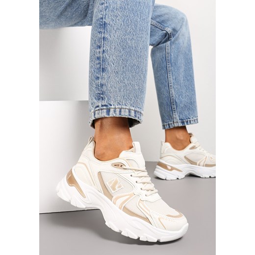 Beżowe Sznurowane Sneakersy z Siateczką i Wycięciami Solenare ze sklepu renee.pl w kategorii Buty sportowe damskie - zdjęcie 173195366