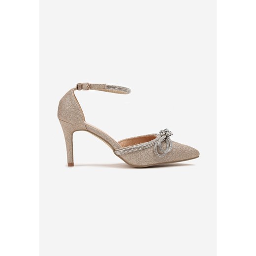 Złote Szpilki z Ekoskóry na Szpilce Ozdobione Kokardą i Cyrkoniami Dovanda Renee 38 renee.pl