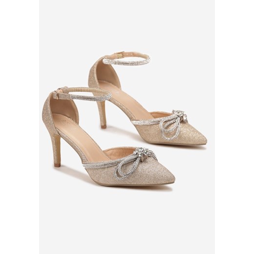 Złote Szpilki z Ekoskóry na Szpilce Ozdobione Kokardą i Cyrkoniami Dovanda Renee 38 renee.pl