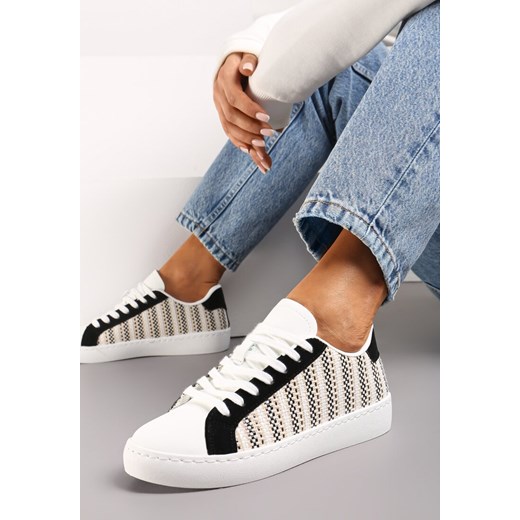 Biało-Czarne Sznurowane Sneakersy z Materiałową Wstawką i Okrągłym Noskiem Bowlie ze sklepu renee.pl w kategorii Buty sportowe damskie - zdjęcie 173197099