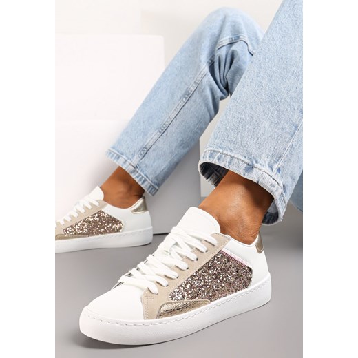 Biało-Złote Sneakersy na Płaskiej Podeszwie z Ozdobnymi Wstawkami i Brokatem Jivina ze sklepu renee.pl w kategorii Buty sportowe damskie - zdjęcie 173197459